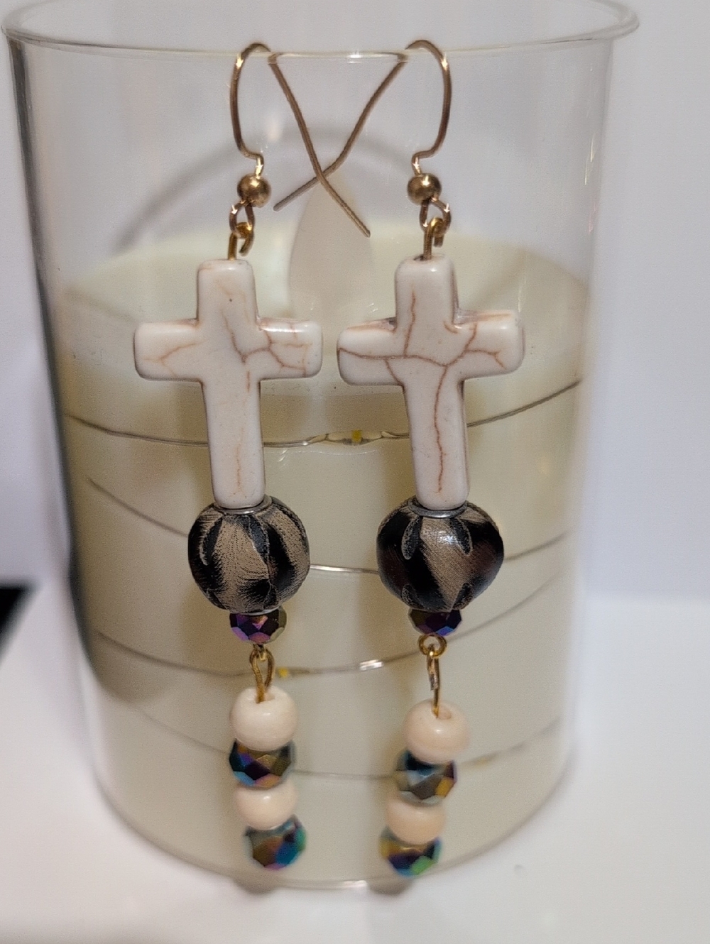 NWOT Handmade Stone Ivory Cross & glass multifaceted beads Drop Earrings